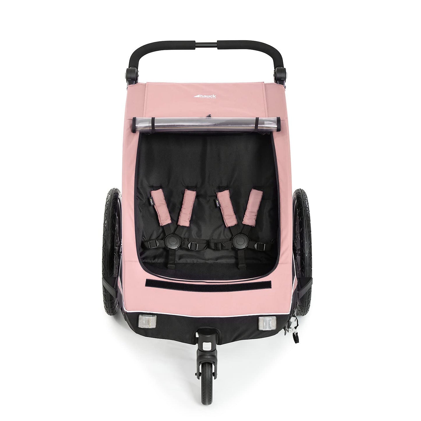hauck Fahrradanhänger & Kinderwagen Dryk Duo Plus mit Federung, für 2 Kinder (6-48 Monate), inkl. Deichsel, Buggyrad, Fahne und LED Licht, Faltbar, Höhenverstellbar, XL Kofferaum (Dark Green)