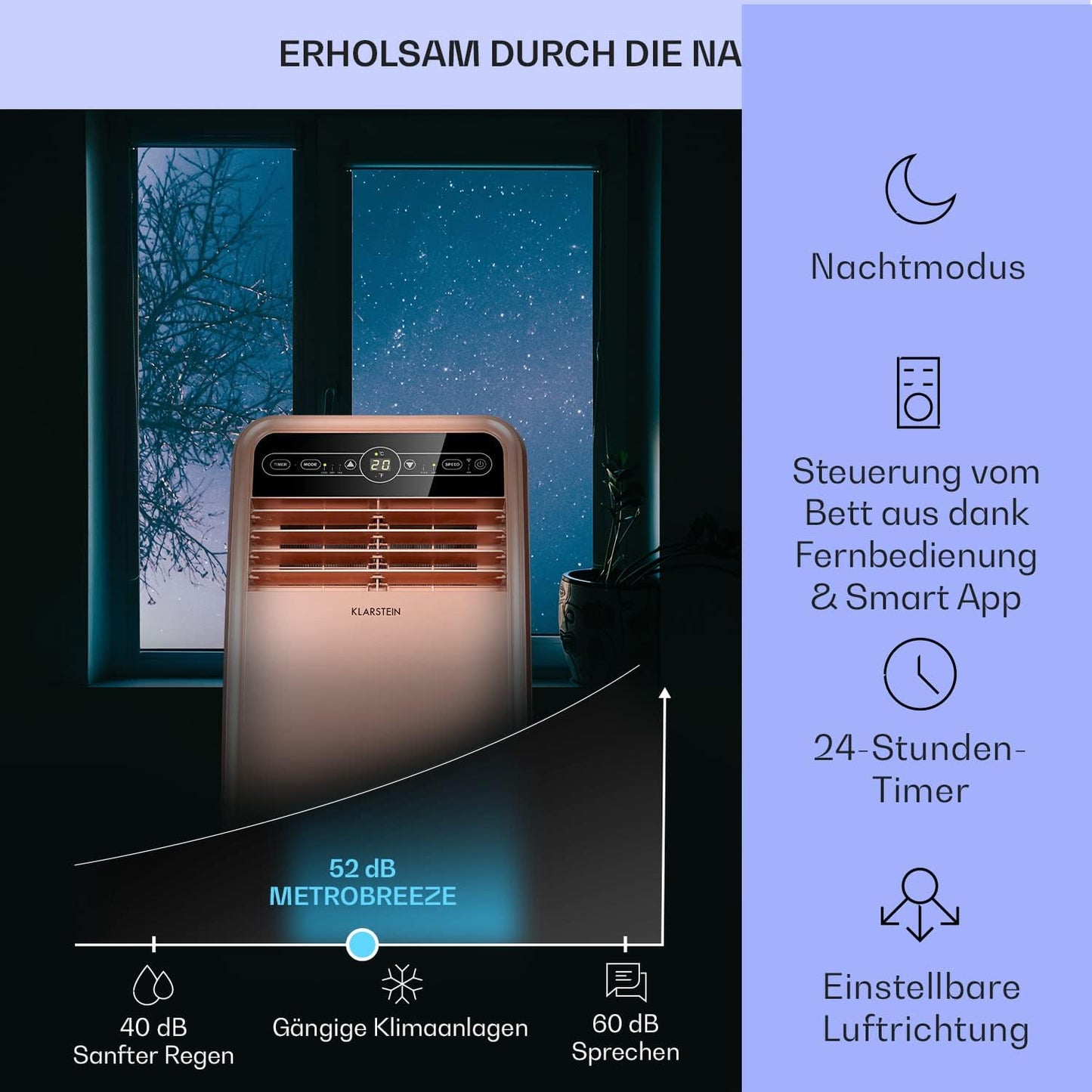Klarstein Mobile Klimaanlage mit Abluftschlauch, 4-in-1 Klimagerät mit Ventilator, Luftentfeuchter & Nachtmodus, Kleine & Portable Klimaanlage für Wohnung & Büro, Niedriger Verbrauch, 9000 BTU