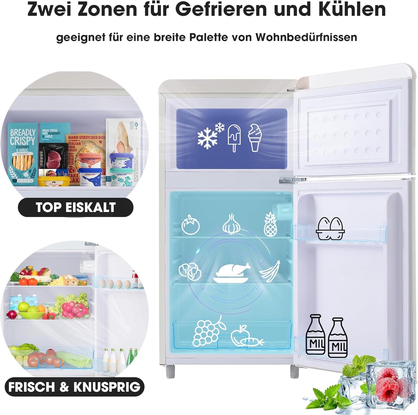 Merax Kühlschrank mit Gefrierfach, Kühl-Gefrierkombination, klein Kühlschrank mit 51L und Gefrierschrank 21L, Leise, LED, Glasablagen, Gemüsefach, Türablagen, für Küche, Wohnzimmer, Büro, Schwarz