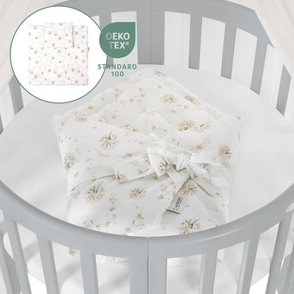 Waldin Oval Baby-Bett Mitwachsend Komplett Set 7in1, Gitterbett, Kinderbett mit Matratze, Wickelkommode, Beistellbett, Holz Weiß