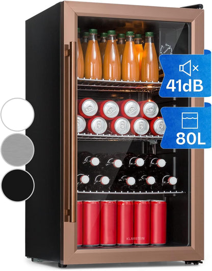 Klarstein Mini Kühlschrank mit Glastür für Zimmer, Getrnkekühlschrank mit Verstellbaren Ablagen, Kleiner 80 Liter, Indoor/Outdoor Kühlschrank Leise