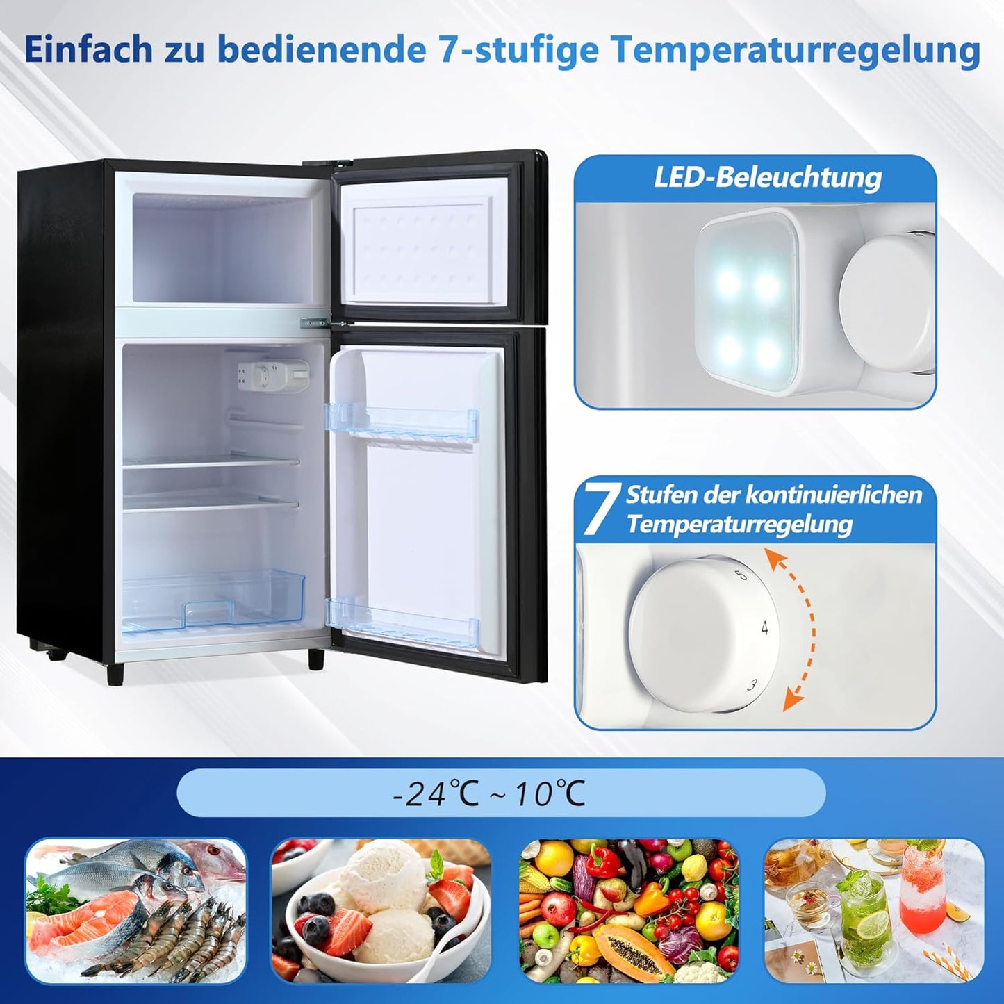 Merax Kühlschrank mit Gefrierfach, Kühl-Gefrierkombination, klein Kühlschrank mit 51L und Gefrierschrank 21L, Leise, LED, Glasablagen, Gemüsefach, Türablagen, für Küche, Wohnzimmer, Büro, Schwarz