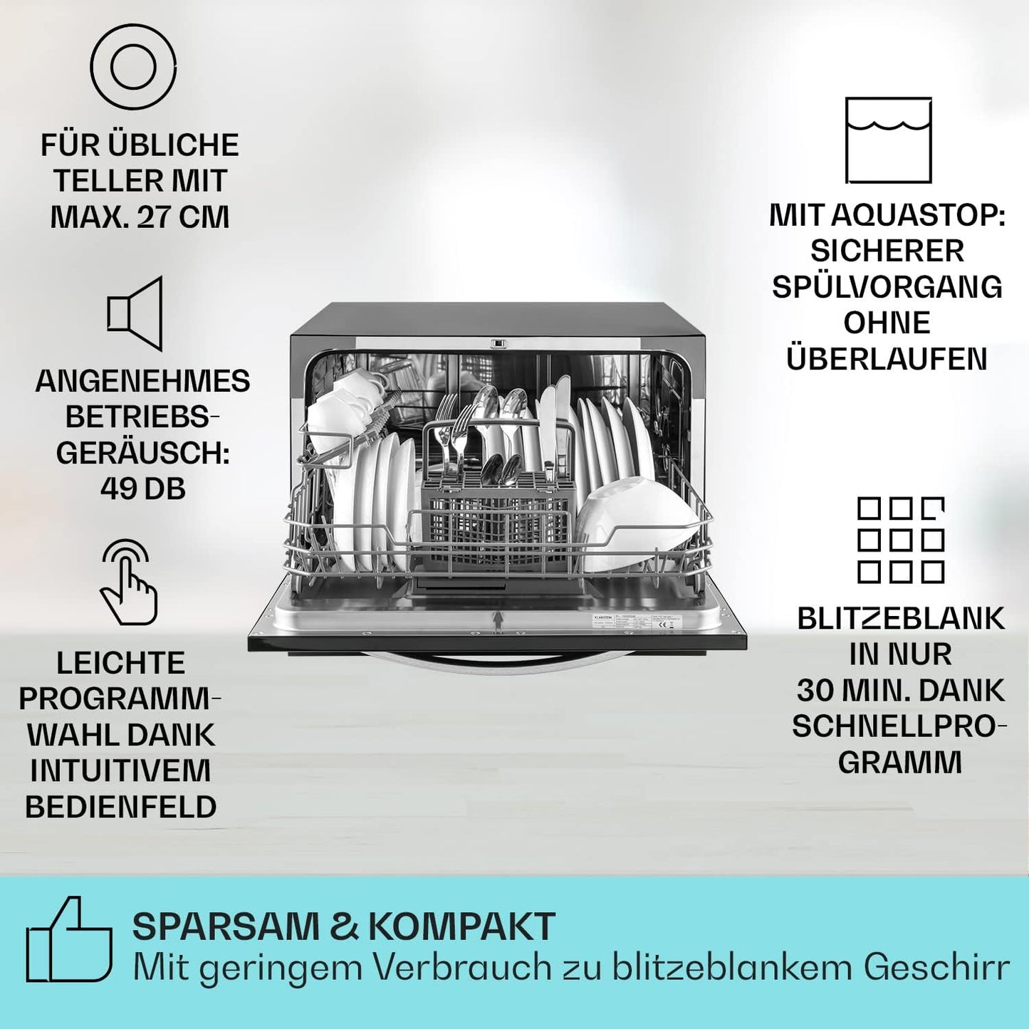 Klarstein  ia 8 - Spülmaschine, Geschirrspüler, Freistehend, Teilintegriert, F, 55 cm breit, 8 Maßgedecke, 6 Programme, Aquastop, silber