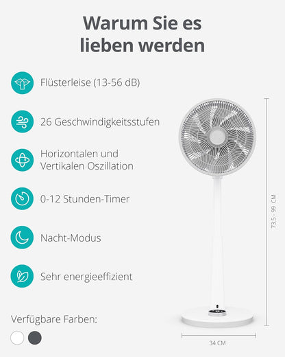Duux Whisper 2 Standventilator Leise - Sparsamer DC-Motor mit 26 Geschwindigkeiten - Ventilator Höhenverstellbar (73-95cm) - Horizontale + Vertikale Oszillation - Weiß