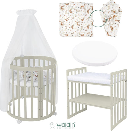 Waldin Oval Baby-Bett Mitwachsend Komplett Set 7in1, Gitterbett, Kinderbett mit Matratze, Wickelkommode, Beistellbett, Holz Weiß