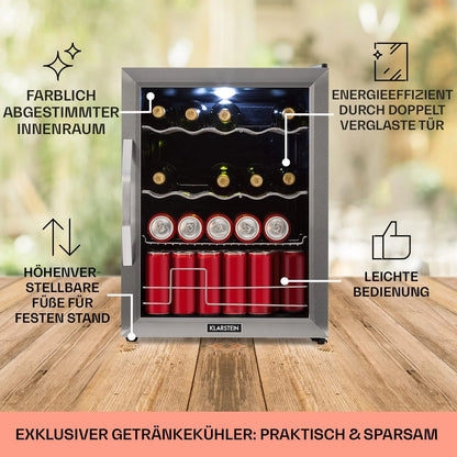 Klarstein Mini Kühlschrank mit Glastür für Zimmer, Getrnkekühlschrank mit Verstellbaren Ablagen, Kleiner 80 Liter, Indoor/Outdoor Kühlschrank Leise