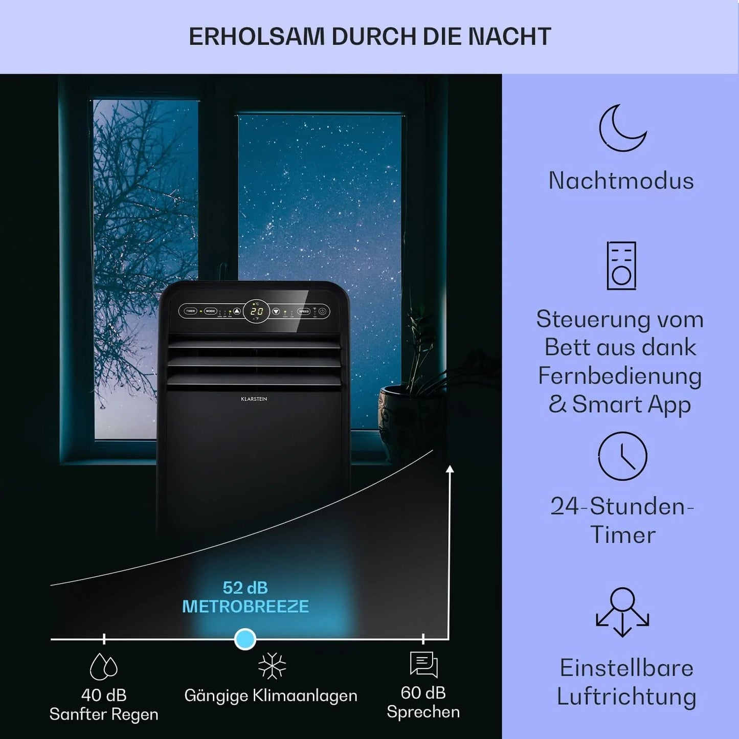 Klarstein Mobile Klimaanlage mit Abluftschlauch, 4-in-1 Klimagerät mit Ventilator, Luftentfeuchter & Nachtmodus, Kleine & Portable Klimaanlage für Wohnung & Büro, Niedriger Verbrauch, 9000 BTU