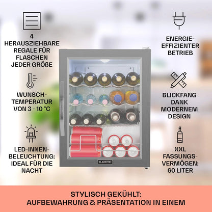 Klarstein Mini Kühlschrank mit Glastür für Zimmer, Getrnkekühlschrank mit Verstellbaren Ablagen, Kleiner 80 Liter, Indoor/Outdoor Kühlschrank Leise