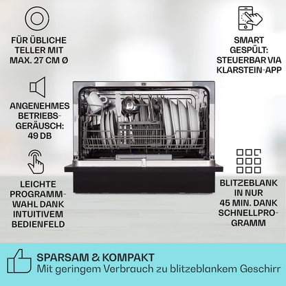 Klarstein  ia 8 - Spülmaschine, Geschirrspüler, Freistehend, Teilintegriert, F, 55 cm breit, 8 Maßgedecke, 6 Programme, Aquastop, silber