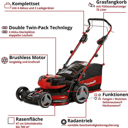 Einhell Akku-Rasenmher GE-CM 36/47 S HW Li Kit Power X-Change (36 V, 47 cm Schnittbreite, bis 700 m, Brushless, Radantrieb, 75 L Fangkorb, inkl. 4x 4,0 Ah + 2x Twincharger)