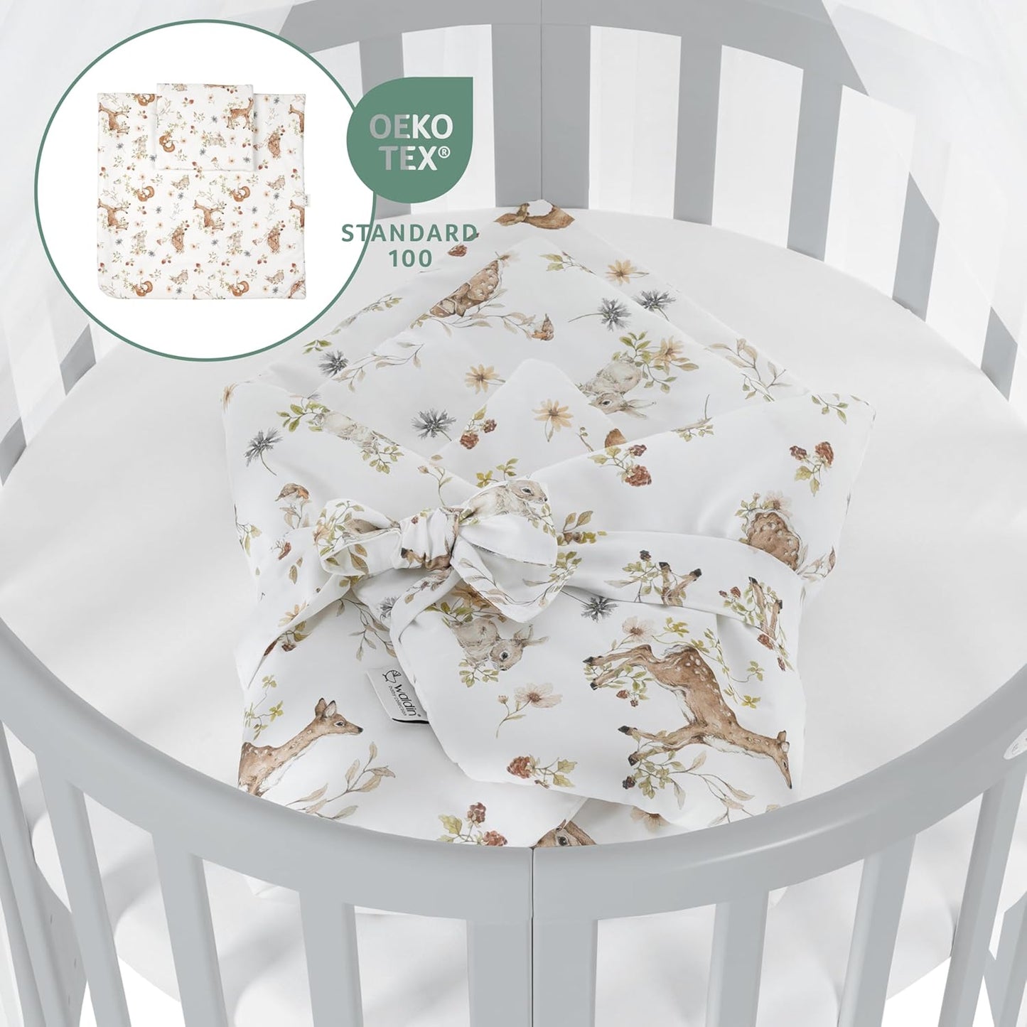 Waldin Oval Baby-Bett Mitwachsend Komplett Set 7in1, Gitterbett, Kinderbett mit Matratze, Wickelkommode, Beistellbett, Holz Weiß