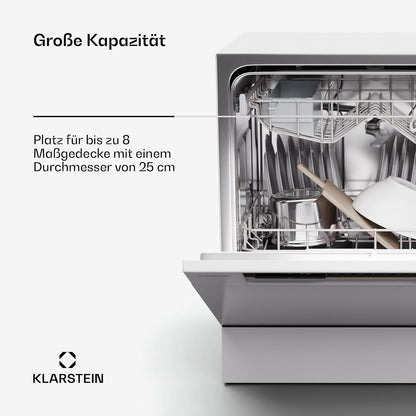 Klarstein  ia 8 - Spülmaschine, Geschirrspüler, Freistehend, Teilintegriert, F, 55 cm breit, 8 Maßgedecke, 6 Programme, Aquastop, silber