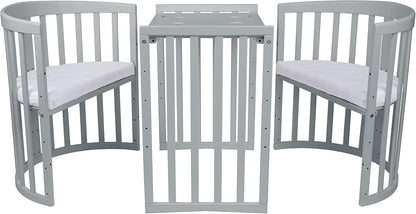 Waldin Oval Baby-Bett Mitwachsend Komplett Set 7in1, Gitterbett, Kinderbett mit Matratze, Wickelkommode, Beistellbett, Holz Weiß