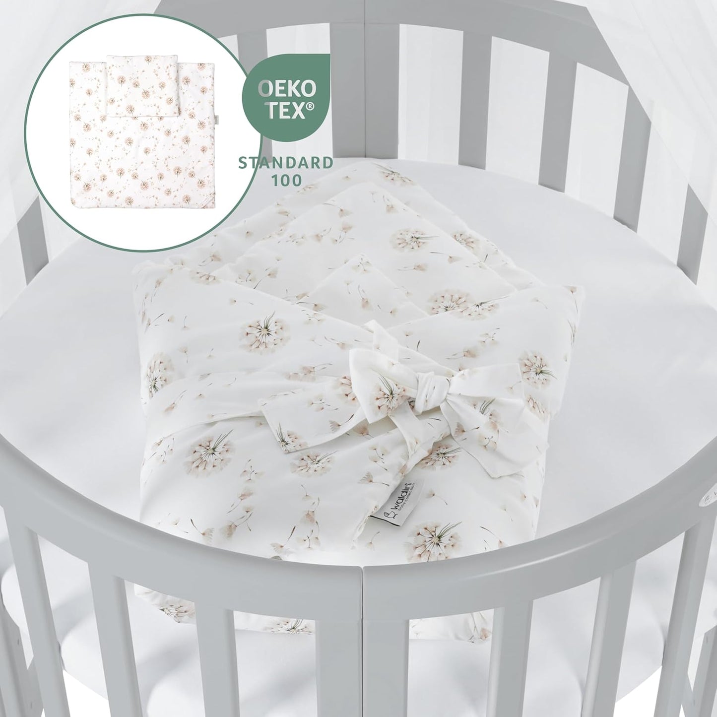 Waldin Oval Baby-Bett Mitwachsend Komplett Set 7in1, Gitterbett, Kinderbett mit Matratze, Wickelkommode, Beistellbett, Holz Weiß