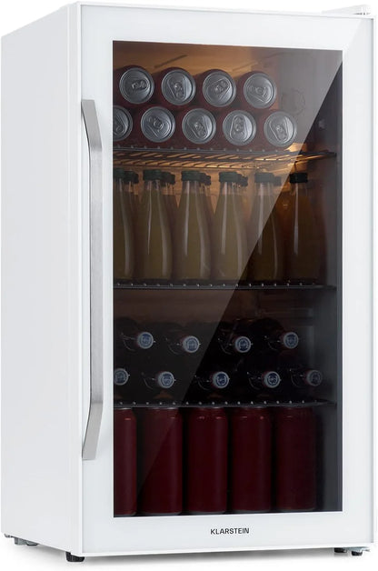 Klarstein Mini Kühlschrank mit Glastür für Zimmer, Getrnkekühlschrank mit Verstellbaren Ablagen, Kleiner 80 Liter, Indoor/Outdoor Kühlschrank Leise