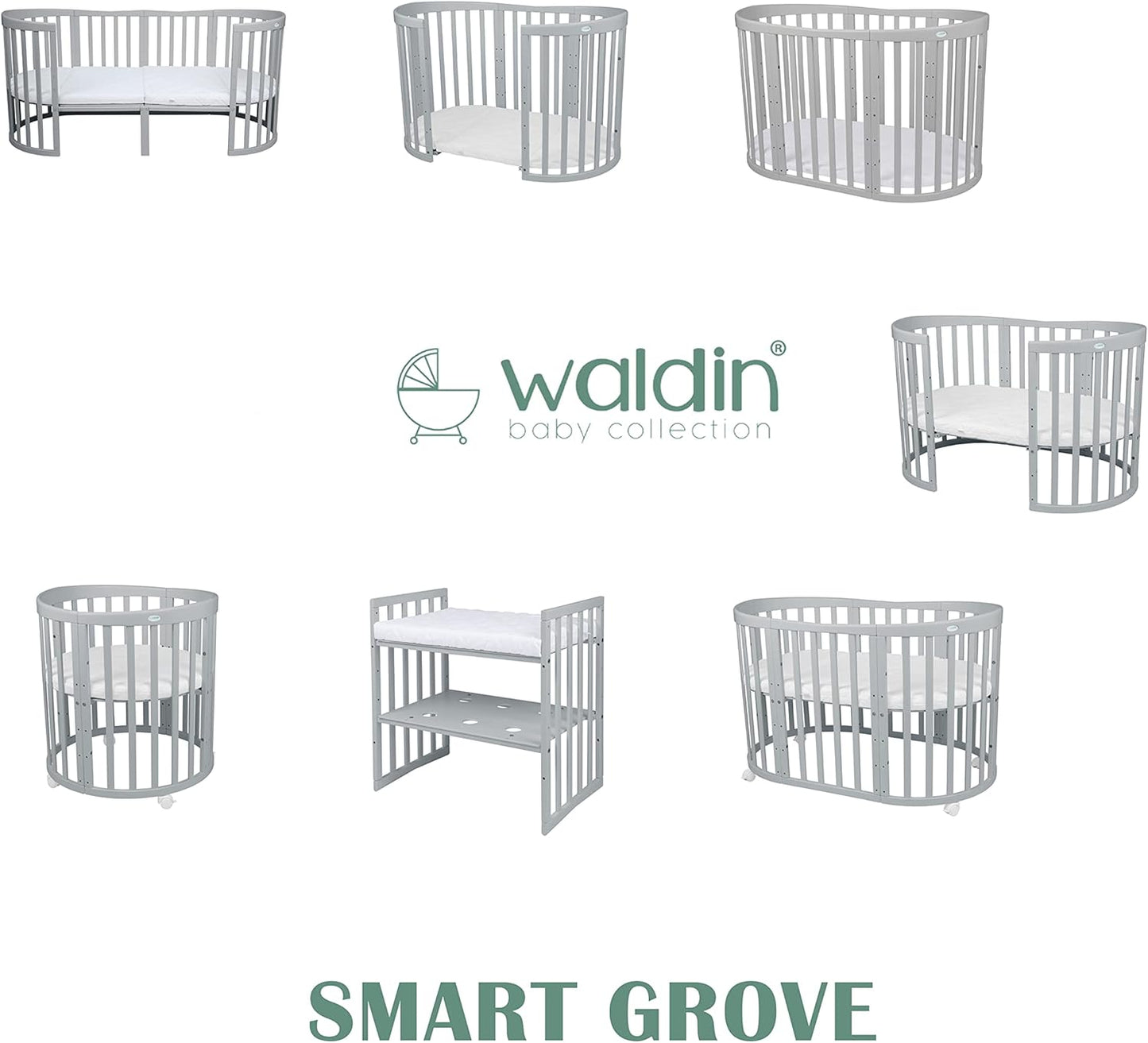 Waldin Oval Baby-Bett Mitwachsend Komplett Set 7in1, Gitterbett, Kinderbett mit Matratze, Wickelkommode, Beistellbett, Holz Weiß