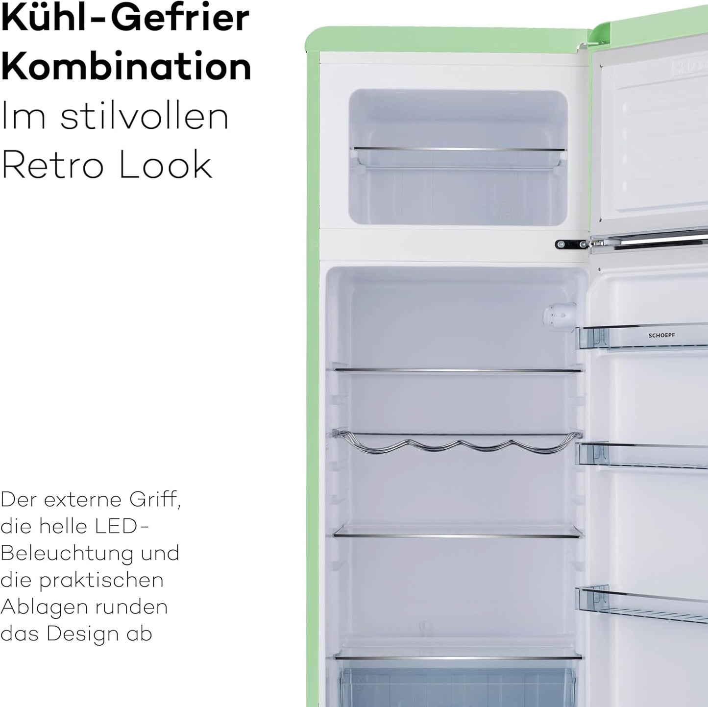 SCHOEPF – RKG218SG Kühl-Gefrierkombination – 211 L – Retro Design – LED-Beleuchtung – 39 dB – Grün/Mint – Höhenverstellbare Füße – Freistehend – Vintage Look