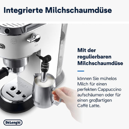 De'Longhi Dedica Style EC 685.M – Espresso Siebtrgermaschine, Espressomaschine mit professionellem Milchaufschumer, nur 15 cm breit, für Kaffeepulver oder ESE Pads, 1 l Wassertank, silber