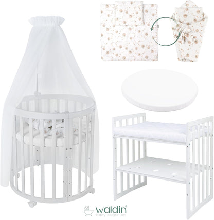 Waldin Oval Baby-Bett Mitwachsend Komplett Set 7in1, Gitterbett, Kinderbett mit Matratze, Wickelkommode, Beistellbett, Holz Weiß