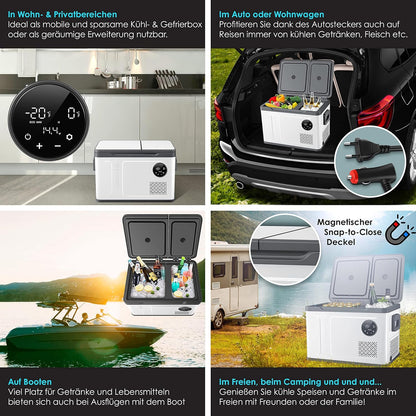 KESSER Kompressor Kühlbox 2in1 Doppelzone Kühl & Gefrierfach elektrische Gefrierbox mit 2x Kühlakkus & LED-Touch-Bedienung | Kühlschrank Kühlung bis -20 °C für Camping, Auto, Lkw 12/24V 230V