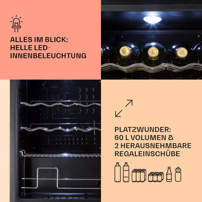 Klarstein Mini Kühlschrank mit Glastür für Zimmer, Getrnkekühlschrank mit Verstellbaren Ablagen, Kleiner 80 Liter, Indoor/Outdoor Kühlschrank Leise