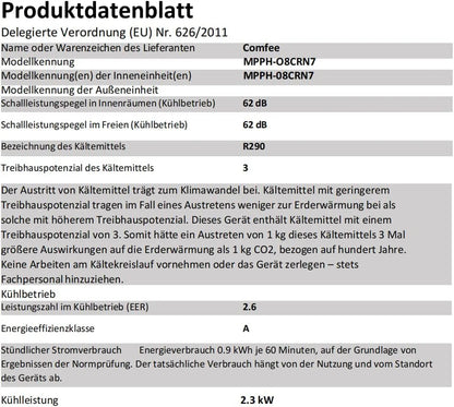 Comfee Mobiles Klimagerät MPPH-09CRN7, 9000 BTU 2,6kW, Kühlen&Ventilieren&Entfeuchten, Raumgröße bis 88m³(33㎡), Mobile Klimaanlage mit Abluftschlauch