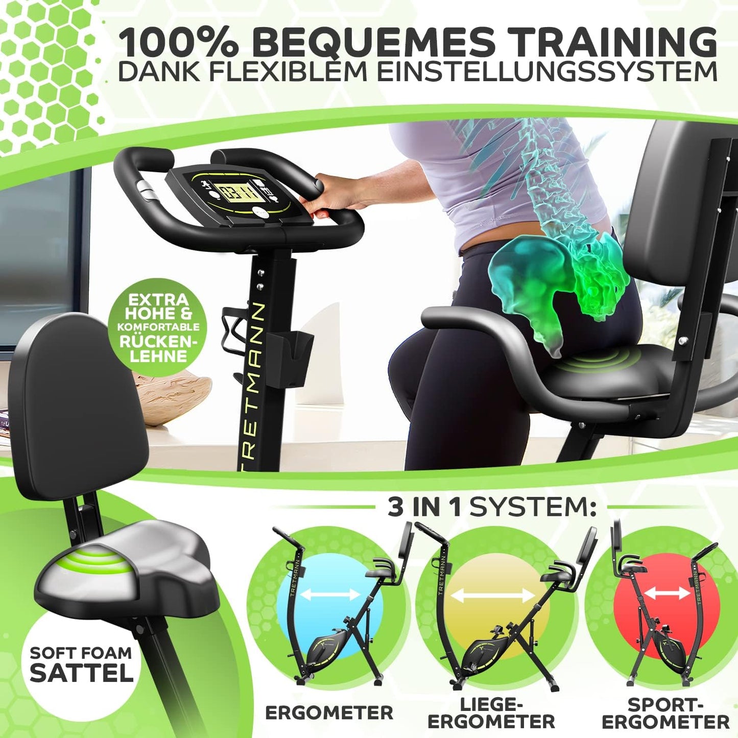 Tretmann NEU 3in1 Heimtrainer Fahrrad klappbar -extra leise & komfortabel - [SoftFoam] DEKRA geprüft - mit tiefem Einstieg Hometrainer Fahrrad Ergometer heimtrainer klappbar zuhause fitnessbikes