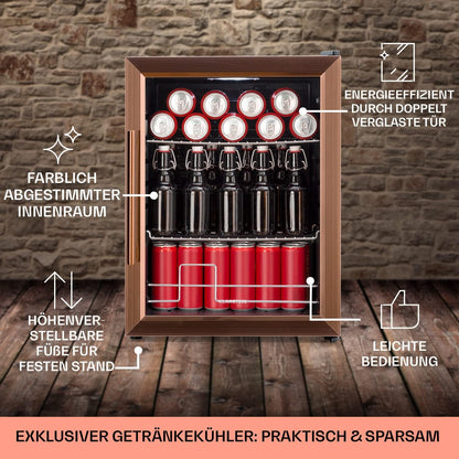 Klarstein Mini Kühlschrank mit Glastür für Zimmer, Getrnkekühlschrank mit Verstellbaren Ablagen, Kleiner 80 Liter, Indoor/Outdoor Kühlschrank Leise