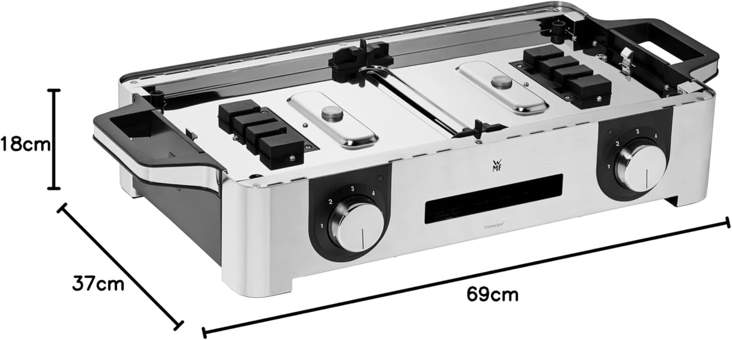 WMF Lono Master-Grill, Elektrogrill, 50x28 cm, Elektrogrill Tischgrill mit Windschutz und Auffangschale, Outdoorzertifiziert für Barbecue, 2 getrennt regulierbare Grillflächen, 2400 W, edelstahl matt