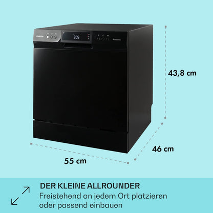 Klarstein  ia 8 - Spülmaschine, Geschirrspüler, Freistehend, Teilintegriert, F, 55 cm breit, 8 Maßgedecke, 6 Programme, Aquastop, silber