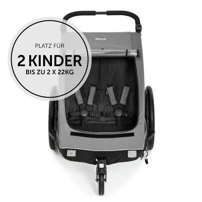 hauck Fahrradanhänger & Kinderwagen Dryk Duo Plus mit Federung, für 2 Kinder (6-48 Monate), inkl. Deichsel, Buggyrad, Fahne und LED Licht, Faltbar, Höhenverstellbar, XL Kofferaum (Dark Green)