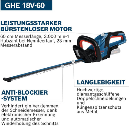 Bosch Professional 18V System Akku-Heckenschere GHE 18V-60 (bürstenloser Motor, Schnittkapazität von 20 mm)