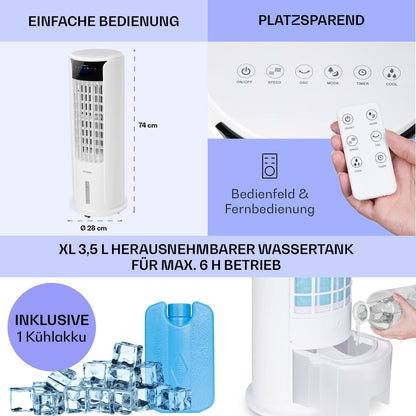 Klarstein Luftkühler mit Wasserkühlung, 4-in-1 Raumkühler, Luftbefeuchter, Ventilator & Nachtmodus, Mobile Klimageräte Luftkühler mit 3,5L Tank & Timer, 60W Air Cooler mit 486 m³/h Luftstrom