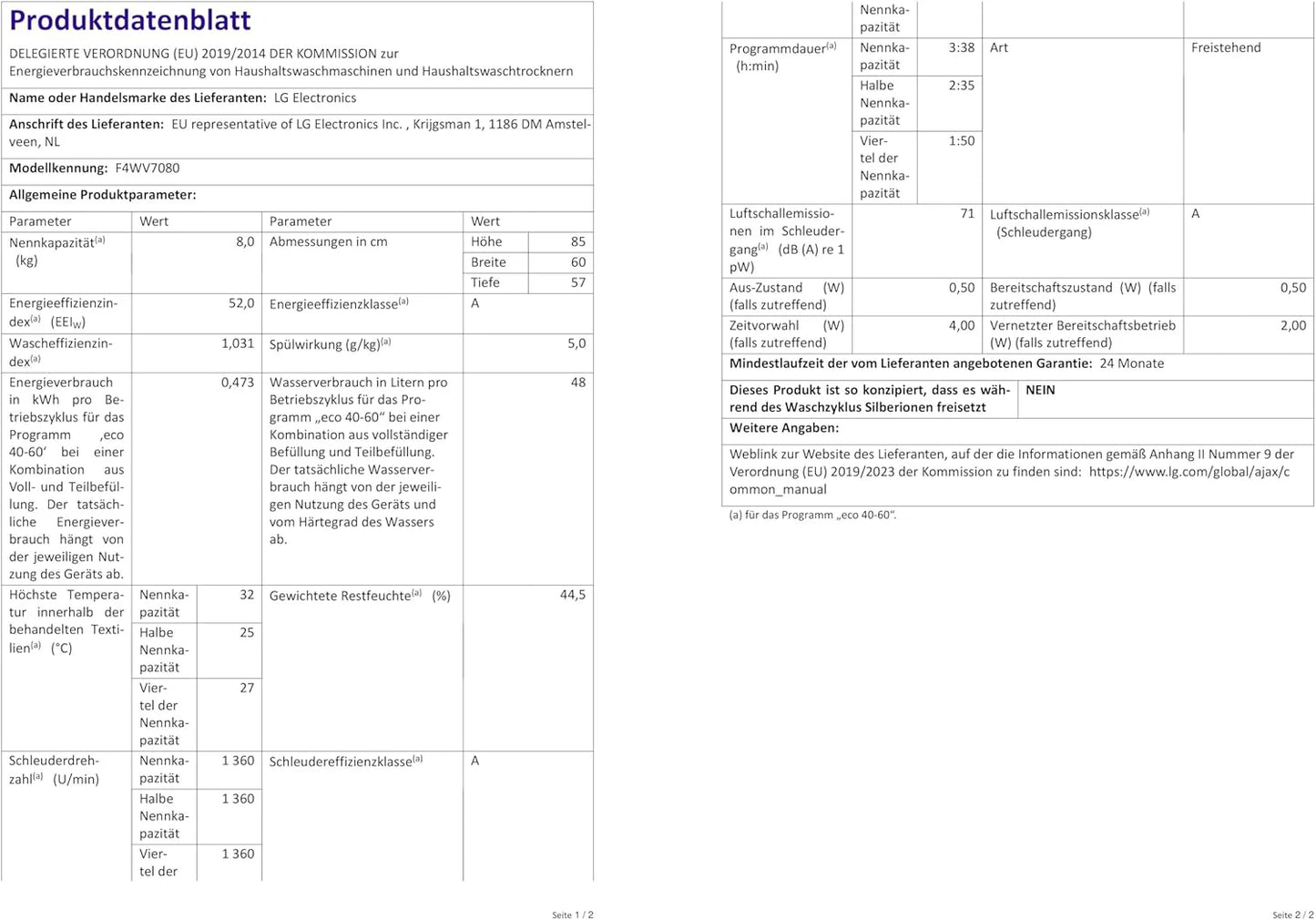 LG F4WV7080, Klasse A, Frontlader-Waschmaschine 8 kg, 1400 U/Min, AI Direct Drive, Wi-Fi, Tiefenreinigung mit Dampf, Groe Kapazitt, TRIPLE A, Auentür aus Sicherheitsglas, 62 x 60 x 85 cm  Wei