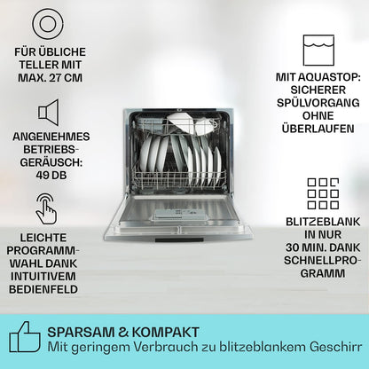 Klarstein  ia 8 - Spülmaschine, Geschirrspüler, Freistehend, Teilintegriert, F, 55 cm breit, 8 Maßgedecke, 6 Programme, Aquastop, silber