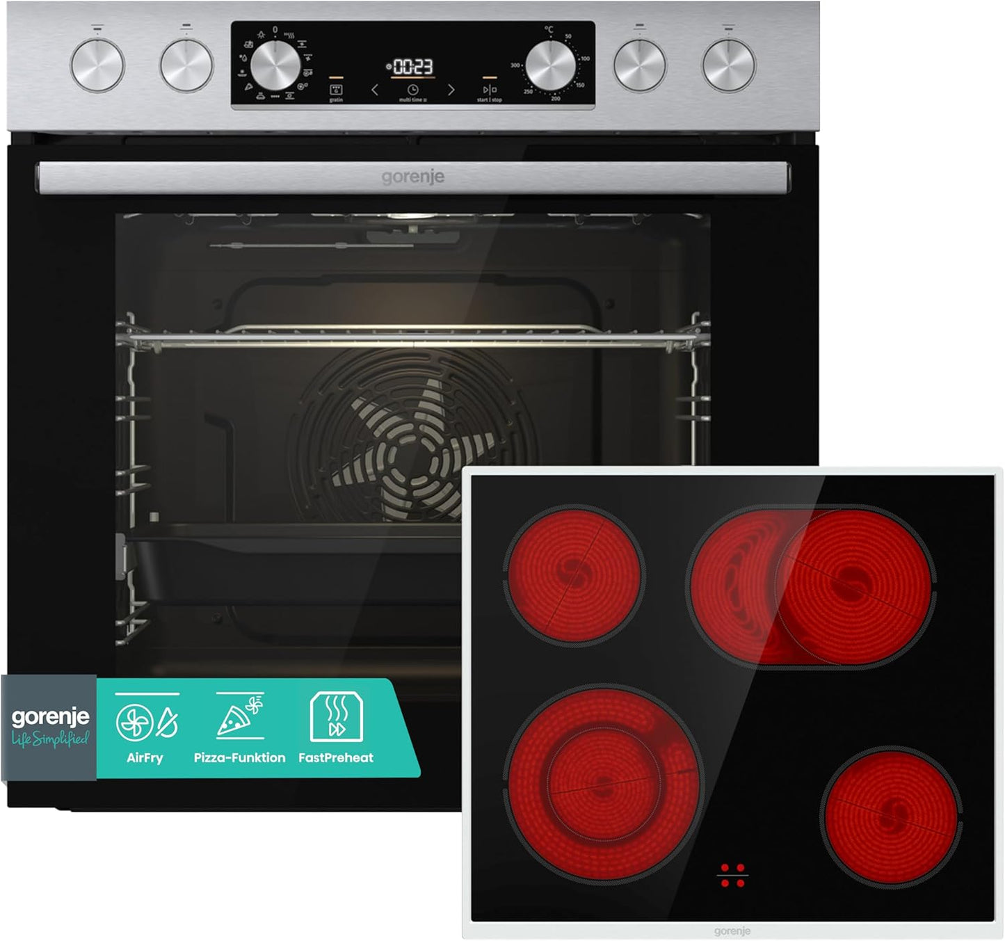 Gorenje Einbauherd-Set Heißluft Inox Set 4 mit Glaskeramik-Kochfeld / 77 Liter / ExtraSteam / GentleClose & Open / EcoClean / AirFry / PizzaMode / PerfectGrill / Teleskopauszüge / Inox-Look
