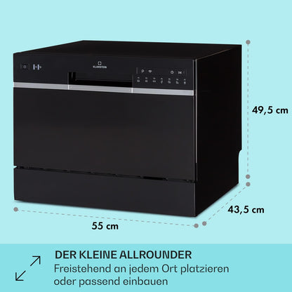 Klarstein  ia 8 - Spülmaschine, Geschirrspüler, Freistehend, Teilintegriert, F, 55 cm breit, 8 Maßgedecke, 6 Programme, Aquastop, silber