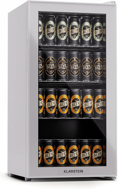 Klarstein Mini Kühlschrank mit Glastür für Zimmer, Getrnkekühlschrank mit Verstellbaren Ablagen, Kleiner 80 Liter, Indoor/Outdoor Kühlschrank Leise