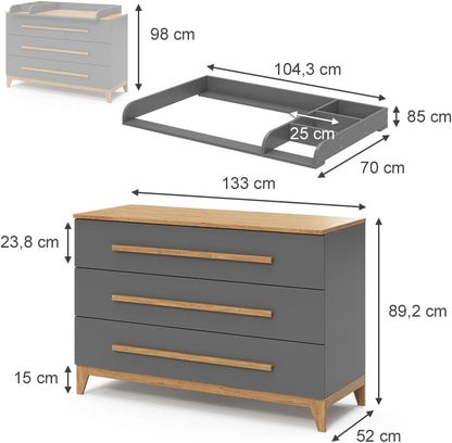 VitaliSpa Wickelkommode Malia, Weiß/Eiche, 133 x 98 cm XL mit 3 Schubladen